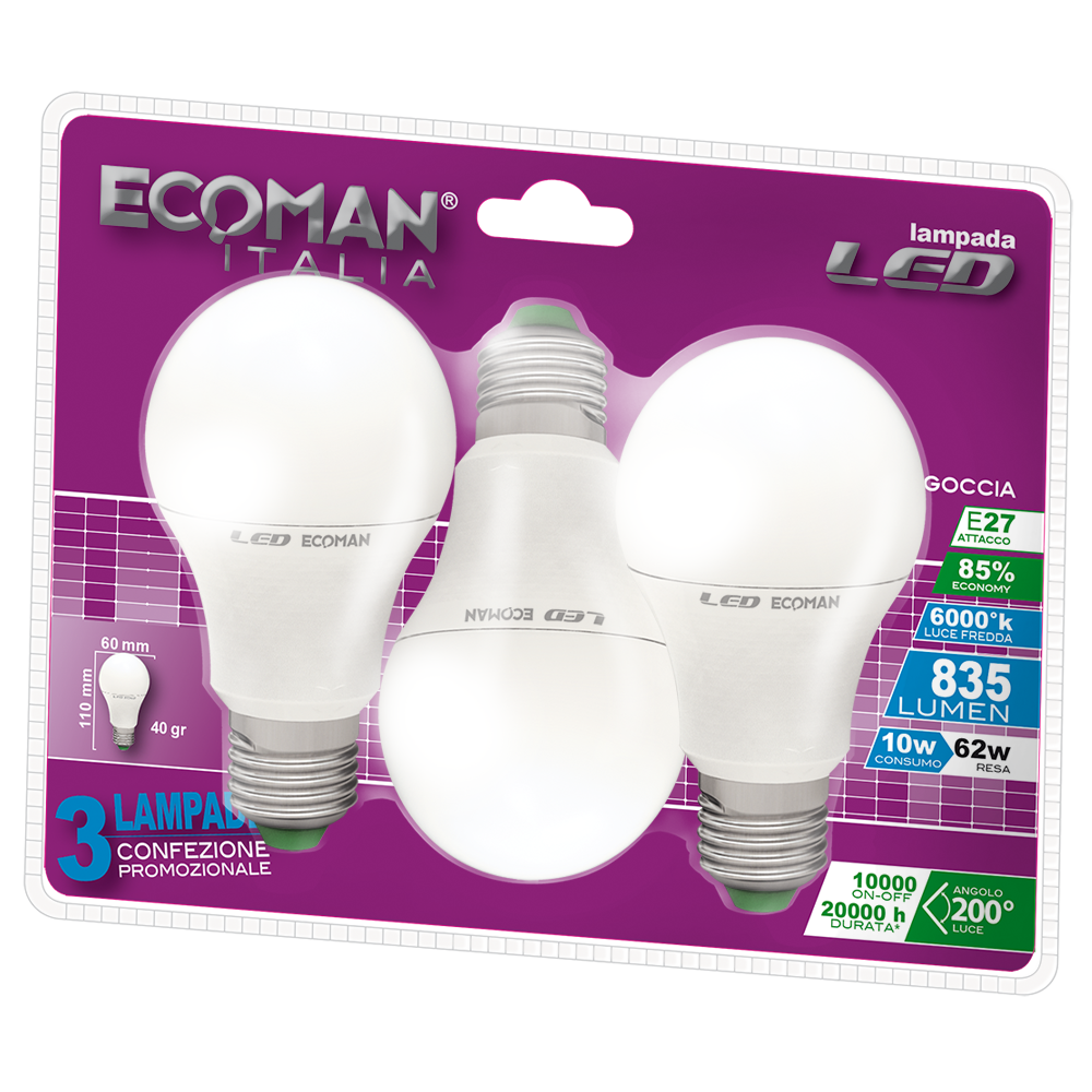ECM LED GOCCIA 10W 3000K E27 BLISTER 3PZ