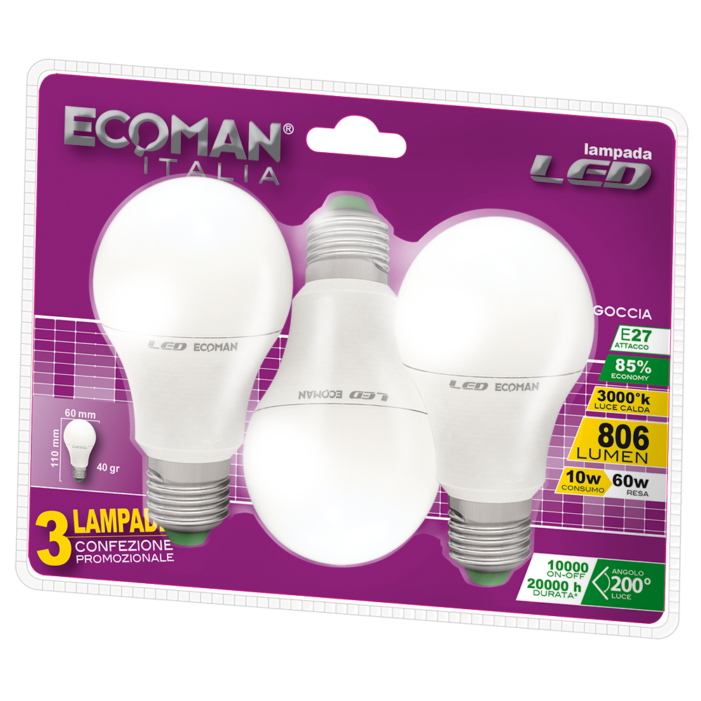 ECM LED GOCCIA 10W 6500K E27 BLISTER 3PZ