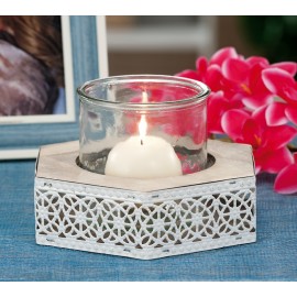 PORTA TEA LIGHT IN VETRO CON SUPPORTO IN MDF E METALLO 18,5X18,5X11H